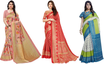 Nirvaan Printed, Woven Daily Wear Art Silk Saree(Pack of 3, Pink, Red, White, Blue)