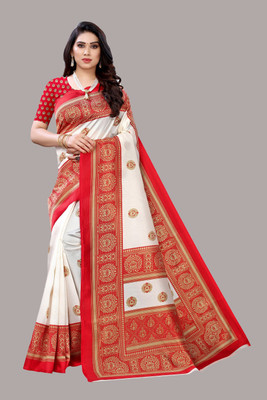 Priyashi Printed Mysore Art Silk Saree(Red, White)