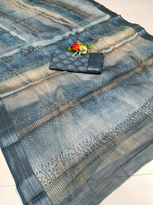 HouseOfCommon Striped Kanjivaram Pure Cotton, Cotton Linen Saree(Grey)