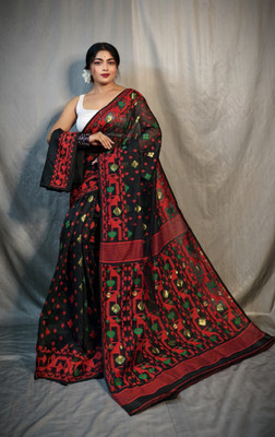 Pushpa Fashion Self Design Jamdani Cotton Blend Saree(Black)