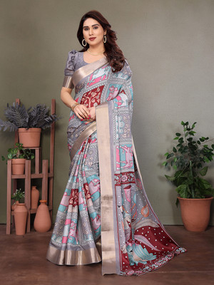 WINKLECART Digital Print Kalamkari Silk Blend Saree(Grey)