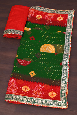 ASTEYAM Printed Bandhani Georgette Saree(Green)