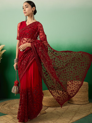 Sangria Embroidered Kalamkari Net Saree(Maroon)