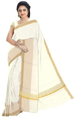 Kerala cotton sarees Striped Kasavu Cotton Blend Saree(White)