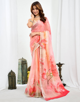 Satrani Digital Print, Floral Print, Embellished Bollywood Linen Saree(Multicolor, Pink)