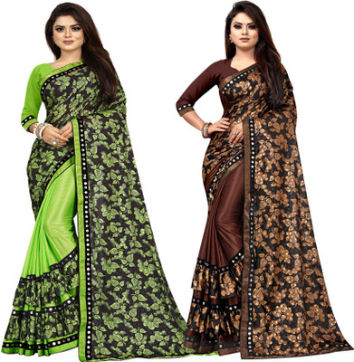 DECOFIN Embellished Bollywood Lycra Blend Saree(Pack of 2, Light Green, Brown)