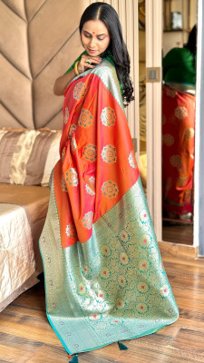 Sireen Creation Woven Banarasi Silk Blend Saree(Orange)