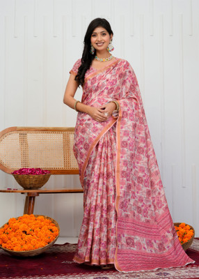 SHRIVAN FASHION Printed, Self Design Bollywood Cotton Blend Saree(Pink, White)