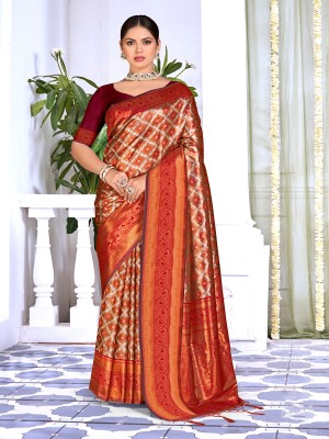 BUNAWAT Woven Handloom Silk Blend Saree(Maroon)