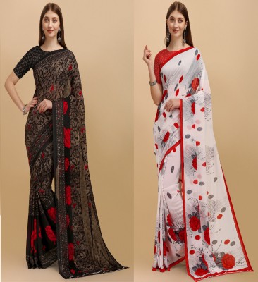 Leelavati Printed Bollywood Georgette Saree(Pack of 2, Red, White, Black)