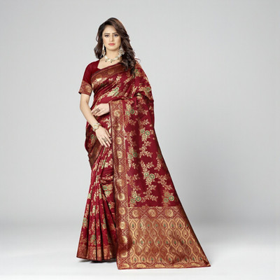 SAREEFLAME Floral Print Banarasi Art Silk, Cotton Silk Saree(Maroon)