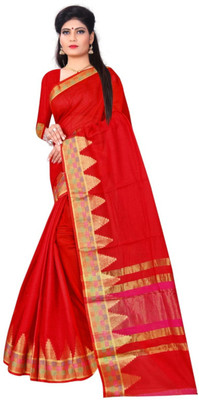 Matangi Exporter Self Design Banarasi Cotton Blend Saree(Red)