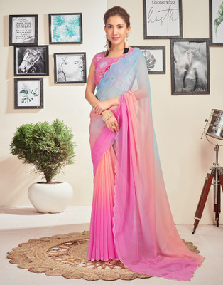 all about you Dyed, Embroidered Bollywood Georgette Saree(Pink, Blue)
