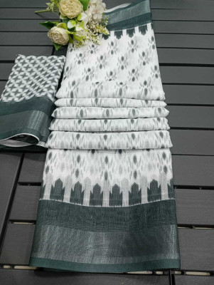 MAANVIT Digital Print Bollywood Cotton Silk, Cotton Linen Saree(White)