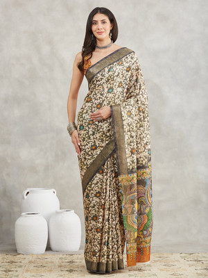 Janasya Floral Print Bollywood Silk Blend Saree(Multicolor)