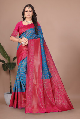 ZIUKA HUB Embellished Banarasi Art Silk Saree(Blue, Pink)