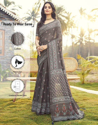 Divastri Floral Print, Geometric Print Bollywood Cotton Blend Saree(Grey, White)