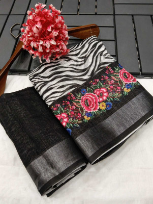 ASHTA Printed Kanjivaram Pure Cotton, Cotton Linen Saree(Black)