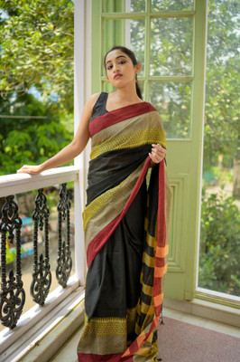 Shree Hari Self Design Handloom Pure Cotton Saree(Black)