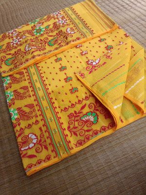 KhayaFashion Woven Tant Pure Cotton Saree(Yellow)