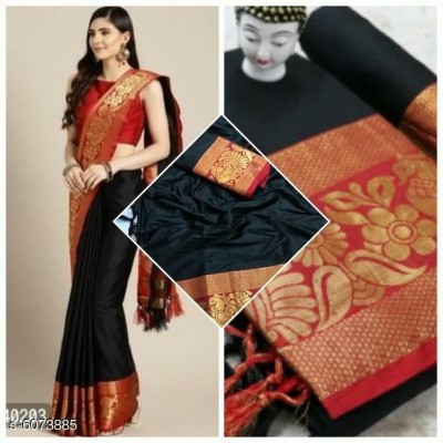 pragati creation Woven Banarasi Jacquard, Cotton Silk Saree(Gold, Black)