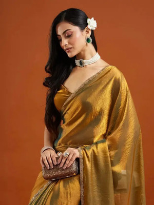 J & J Companys Solid/Plain, Self Design, Embellished Bollywood Jimmy choo, Organza Saree(Mustard)