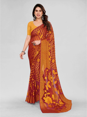 Madhur milan Printed Bollywood Brasso Saree(Maroon, Yellow)