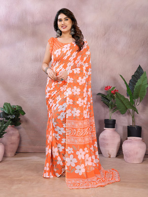 Anand Sarees Floral Print Daily Wear Georgette Saree(Orange)