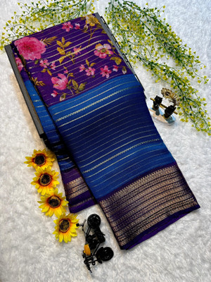 Anuradha Enterprise Striped, Floral Print, Self Design Mysore Silk Blend Saree(Dark Blue)