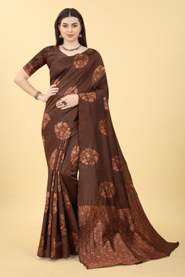 HouseOfCommon Printed Banarasi Jacquard Saree(Brown)