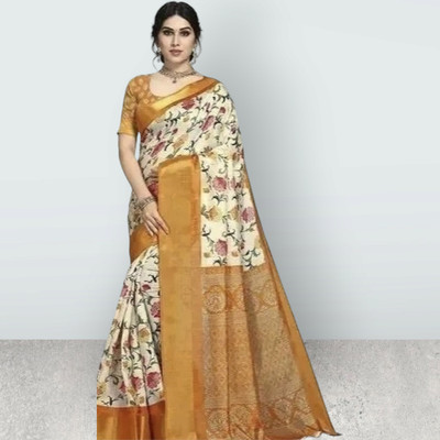 Grubstaker Printed Assam Silk Cotton Blend Saree(Multicolor)