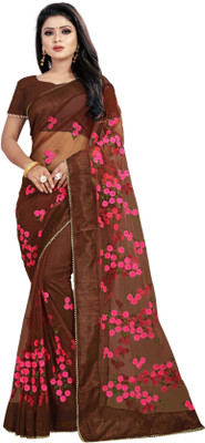 RADHE ENTERPRISE Embroidered Bollywood Net Saree(Brown)