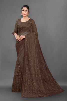 BBSCHOICE Self Design Bollywood Brasso Saree(Brown)