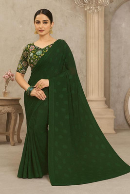 Aamya Enterprise Self Design, Embroidered Handloom Chiffon Saree(Dark Green)