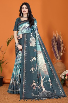 WearEZee Digital Print, Blocked Printed, Self Design, Ombre, Graphic Print, Geometric Print Bollywood Tussar Silk, Cotton Blend Saree(Green)