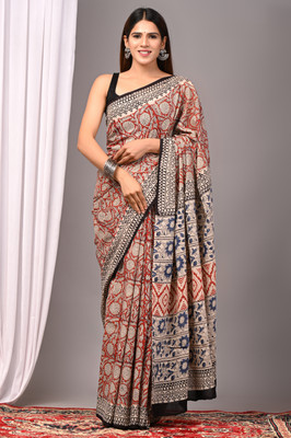 Taavi Blocked Printed Daily Wear Pure Cotton Saree(Multicolor)