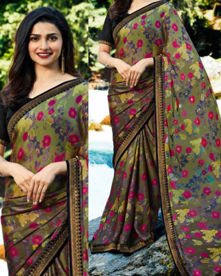 MEETVIN COUTURE Printed, Self Design, Digital Print, Embroidered, Floral Print, Solid/Plain Daily Wear Georgette, Chiffon Saree(Dark Green)