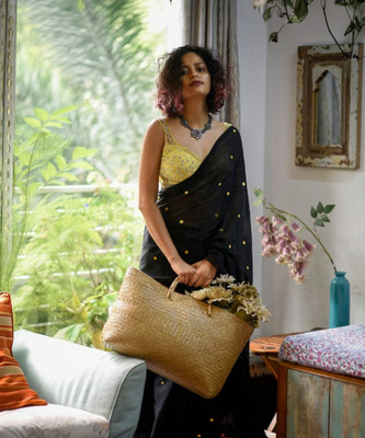 BRYNBRIT Embellished Handloom Cotton Blend Saree(Black)