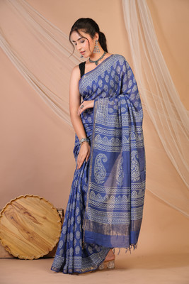 Anuttara Printed Saree with Attached Blouse Cotton Silk Saree(Blue)
