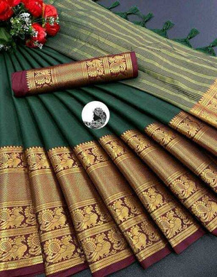 JbWorld Woven Narayanpet Cotton Silk, Pure Cotton Saree(Dark Green, Maroon)