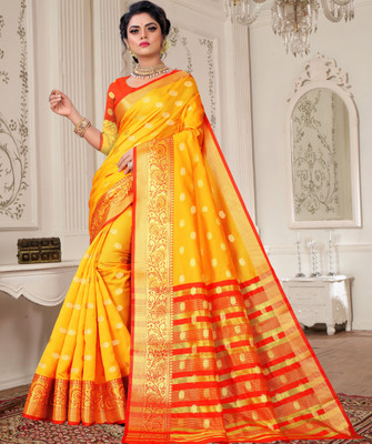 URJAZONE Woven, Paisley, Self Design Banarasi Pure Silk, Cotton Silk Saree(Gold, Yellow)