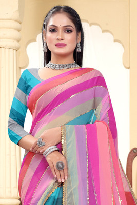 SHOBHTESH Striped, Digital Print, Embroidered Bollywood Georgette Saree(Multicolor)