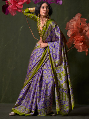 Sareemall Printed Hand Batik Crepe Saree(Purple)
