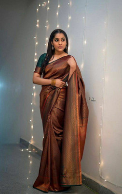MIRMAN Woven Kanjivaram Pure Silk Saree(Brown)