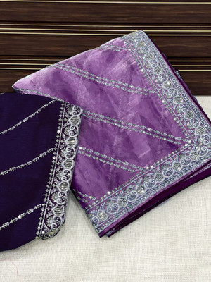 Vinayak Textile Embroidered, Embellished Bollywood Silk Blend, Tissue Saree(Purple)