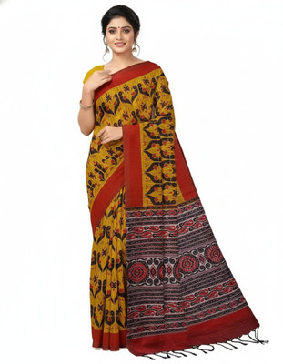 DUGGE FASHION Floral Print, Printed Sambalpuri Pure Cotton Saree(Yellow)