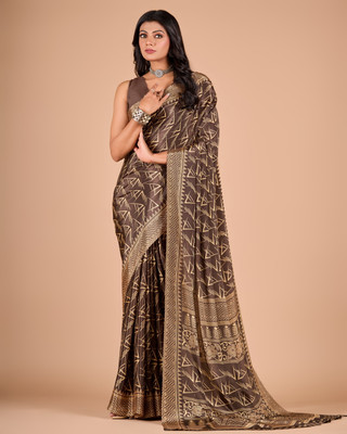 Fliqo Geometric Print, Floral Print, Printed, Woven Bollywood Crepe Saree(Brown)