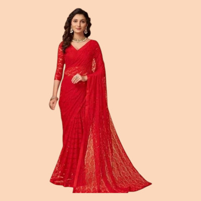 nexxxa Solid/Plain Bollywood Net Saree(Red)