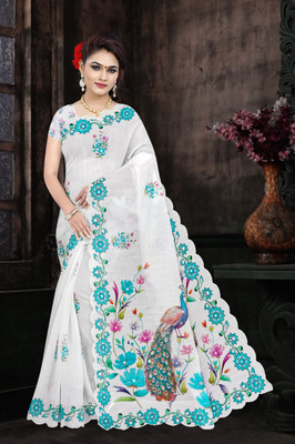 Tanishika creation Floral Print Handloom Pure Cotton Saree(White, Light Blue)