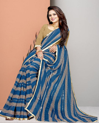 Jayu Digital Print, Embroidered, Printed, Striped Bollywood Georgette Saree(Blue)